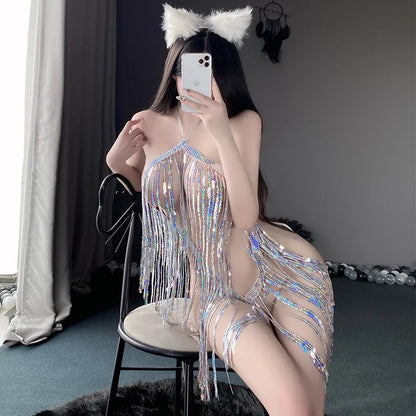 Sexy Lingerie Dress - Women’s Nightclub Queen, Hollowed Out, Sequins Tassel Skirt Costume