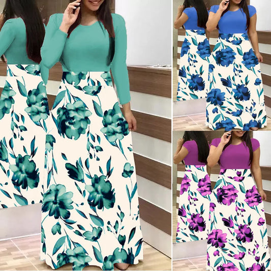 American style floral print color matching long sleeved dress, long women's large swing skirt