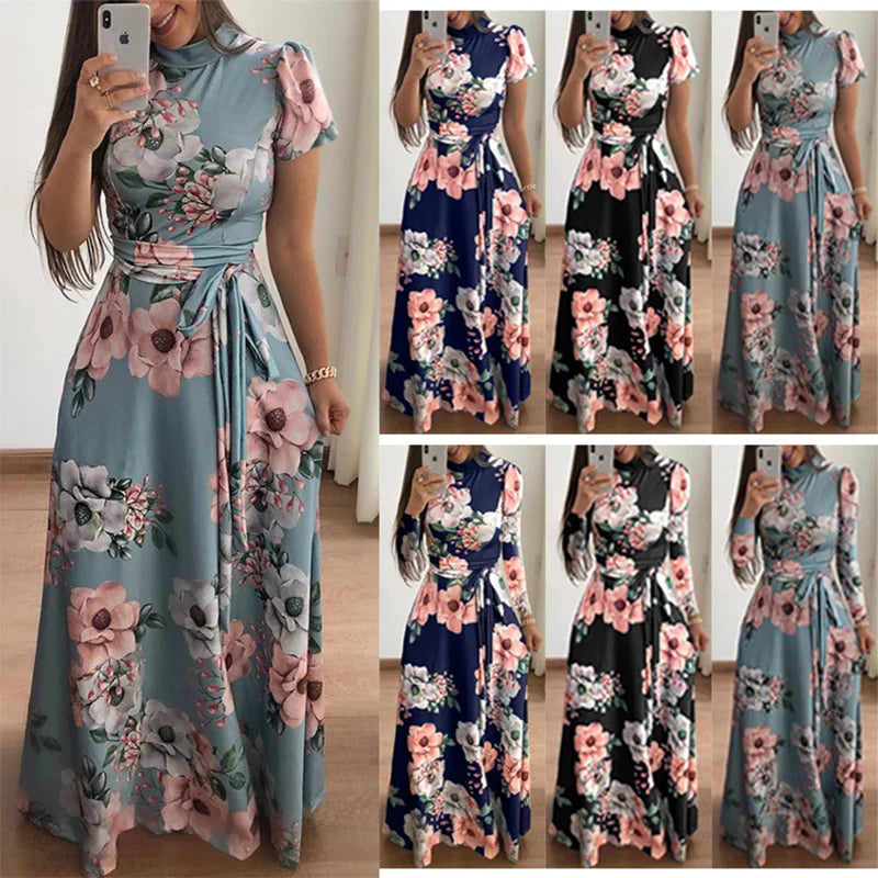 American Flower Print Short Sleeve Large Swing Dress for Women