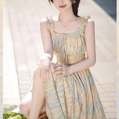 Summer Square Collar Camisole Dress: Short Sleeve Shirring Tie Dye Print with Drawstring Bandage - Casual Elegance