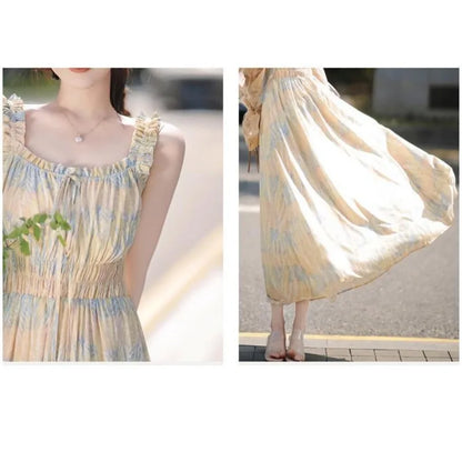 Summer Square Collar Camisole Dress: Short Sleeve Shirring Tie Dye Print with Drawstring Bandage - Casual Elegance